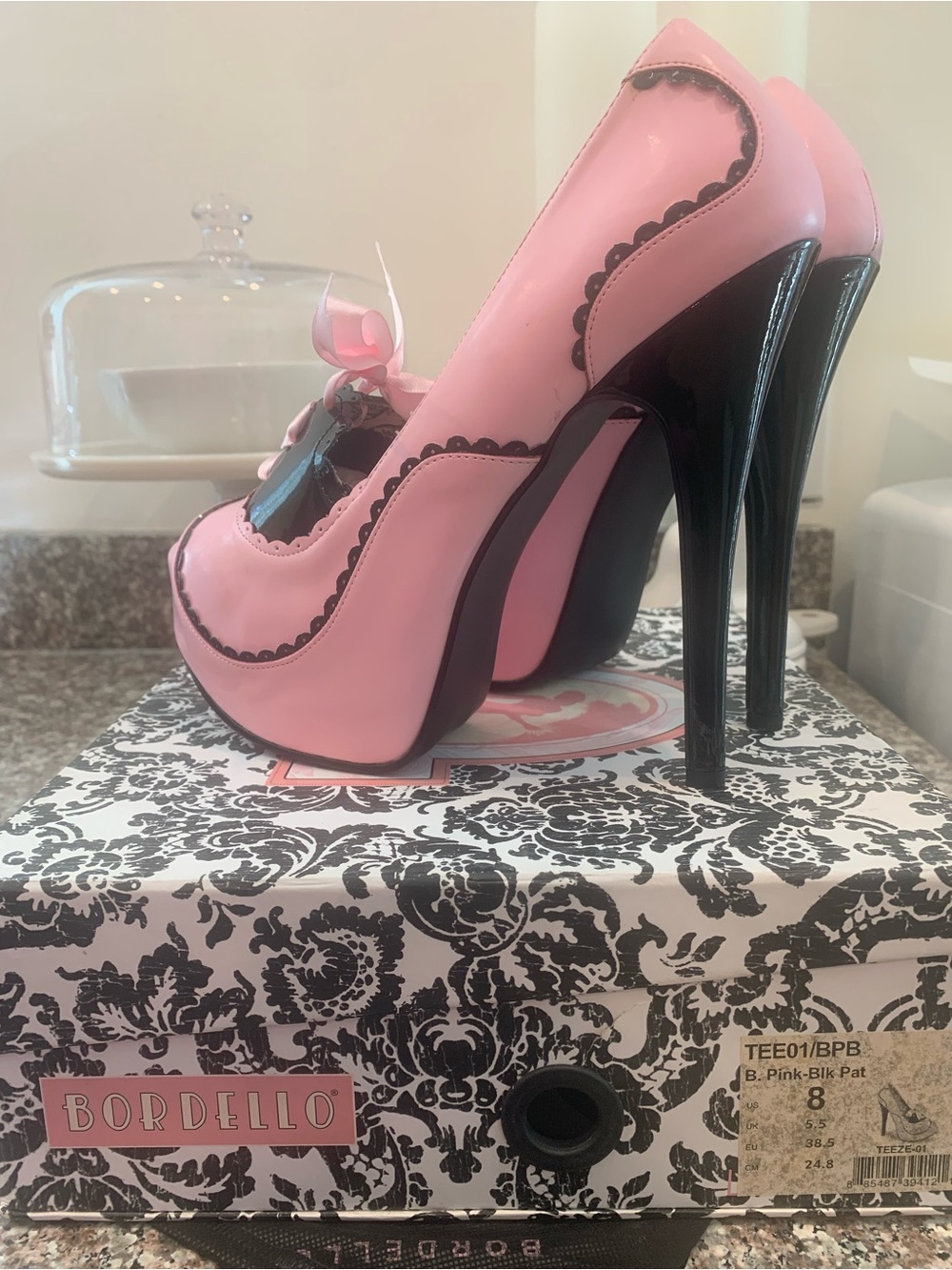 Bordello Pink Patent Platform Pumps with Black Trim and Ribbon - Picture 2 of 10